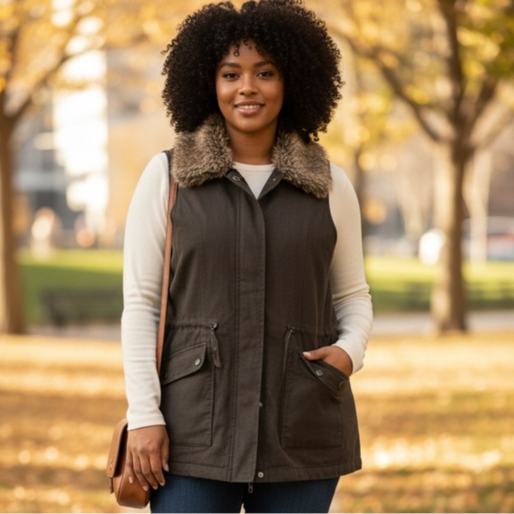 J. Jill Dark Brown Vest with Faux Fur Collar and patch pockets size xlg